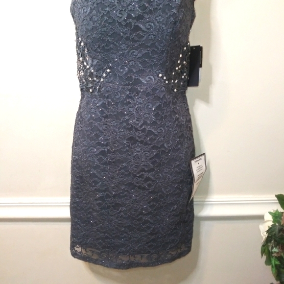 City Studio Pearl & Rhinestone Studded Sparkly Gray Lace Sheath Cocktail Dress - Picture 6 of 14